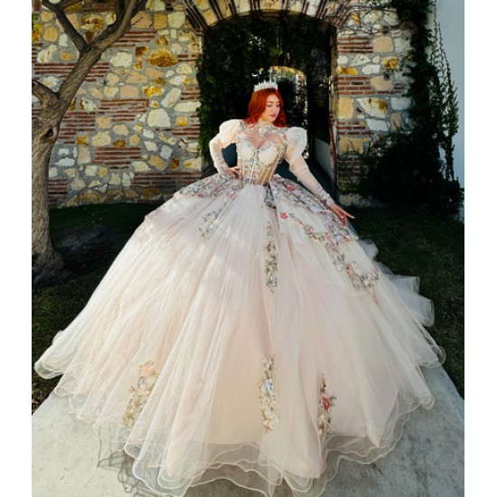 Luxury Long Sleeve Champagne Quinceanera Dresses for Girls High Neck Lace Up Vestidos De 15 Anos